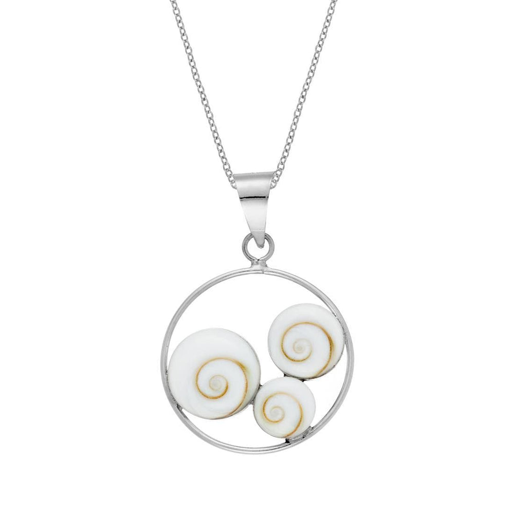 Sterling Silver Circle Three Round Shiva Eye Shell Pendant Necklace