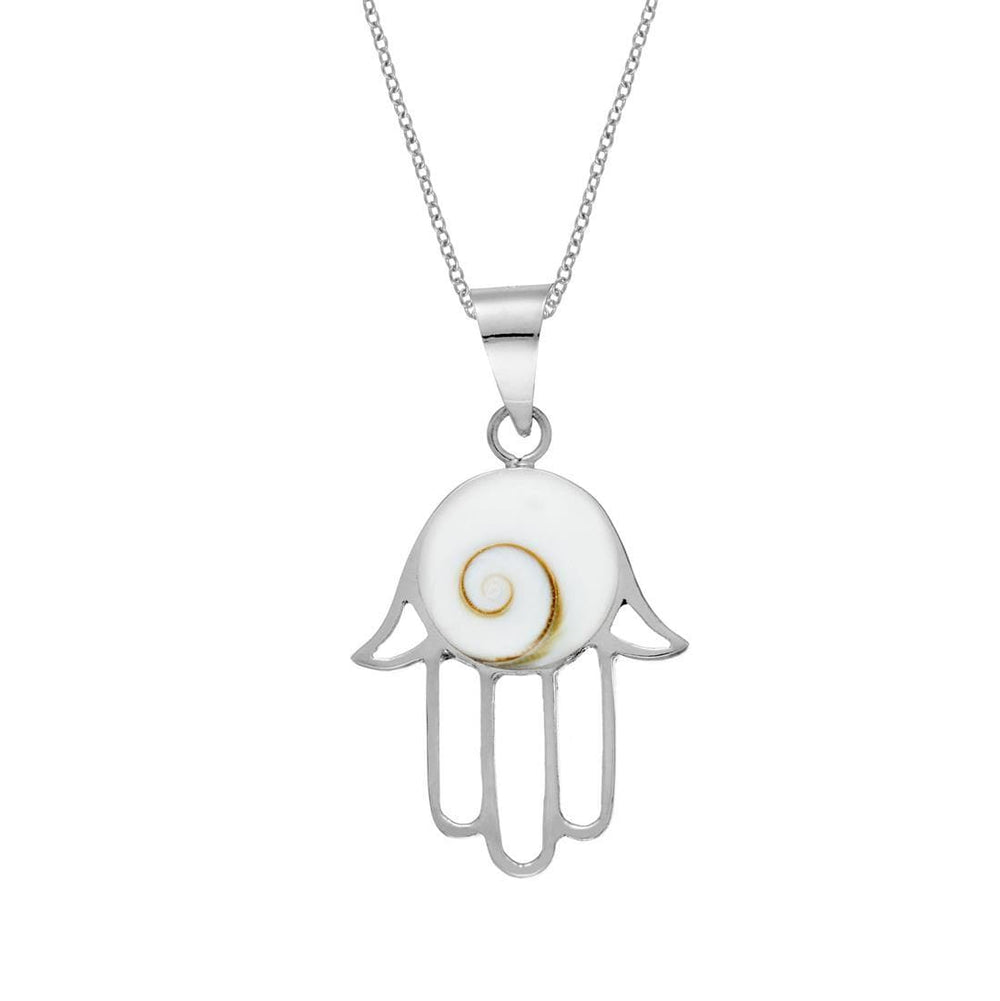 Sterling Silver Shiva Eye Shell Hollow-Out Hamsa Hand Pendant Necklace