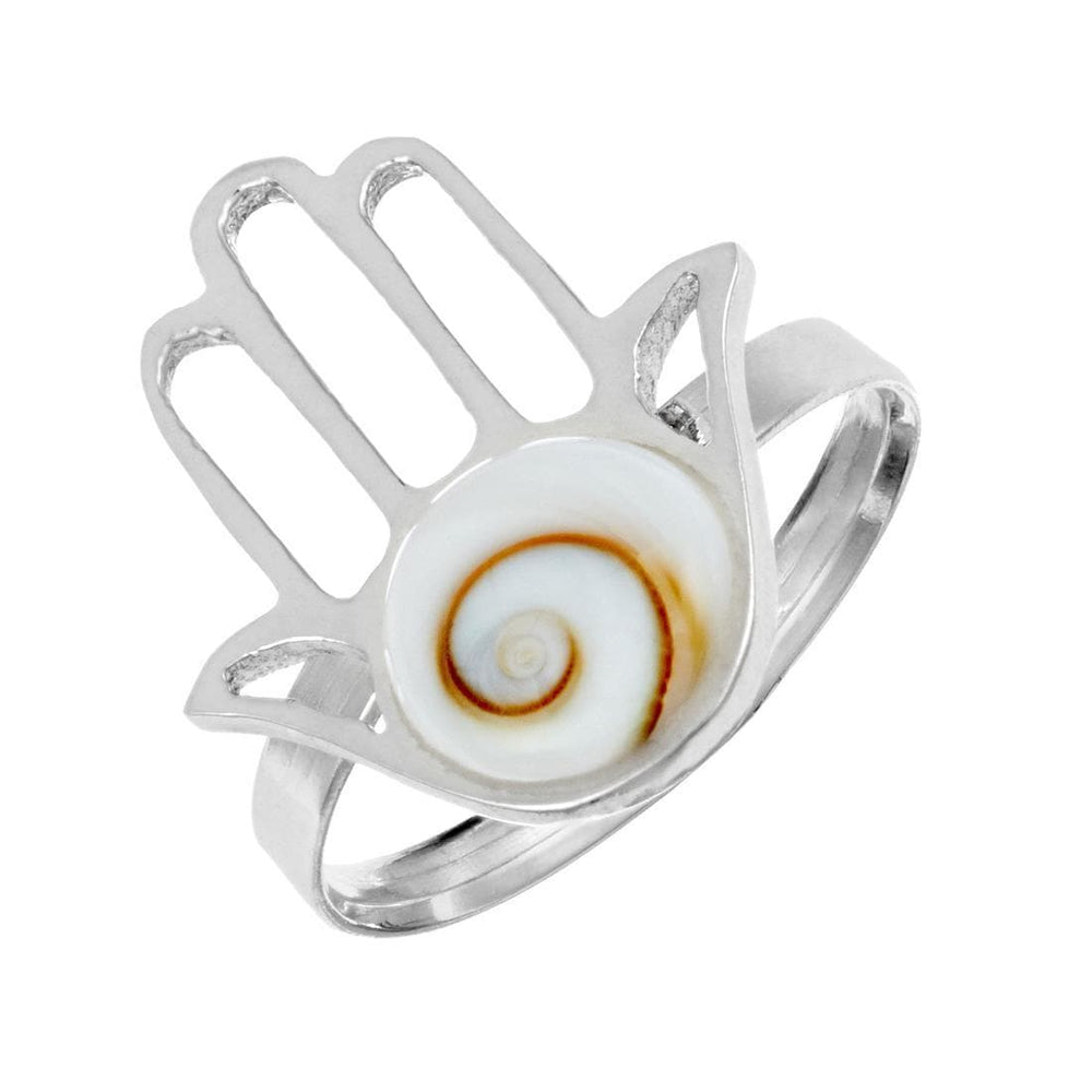 
                  
                    Sterling Silver Shiva Eye Shell Cut-Out Fatima Hand Adjustable Ring
                  
                