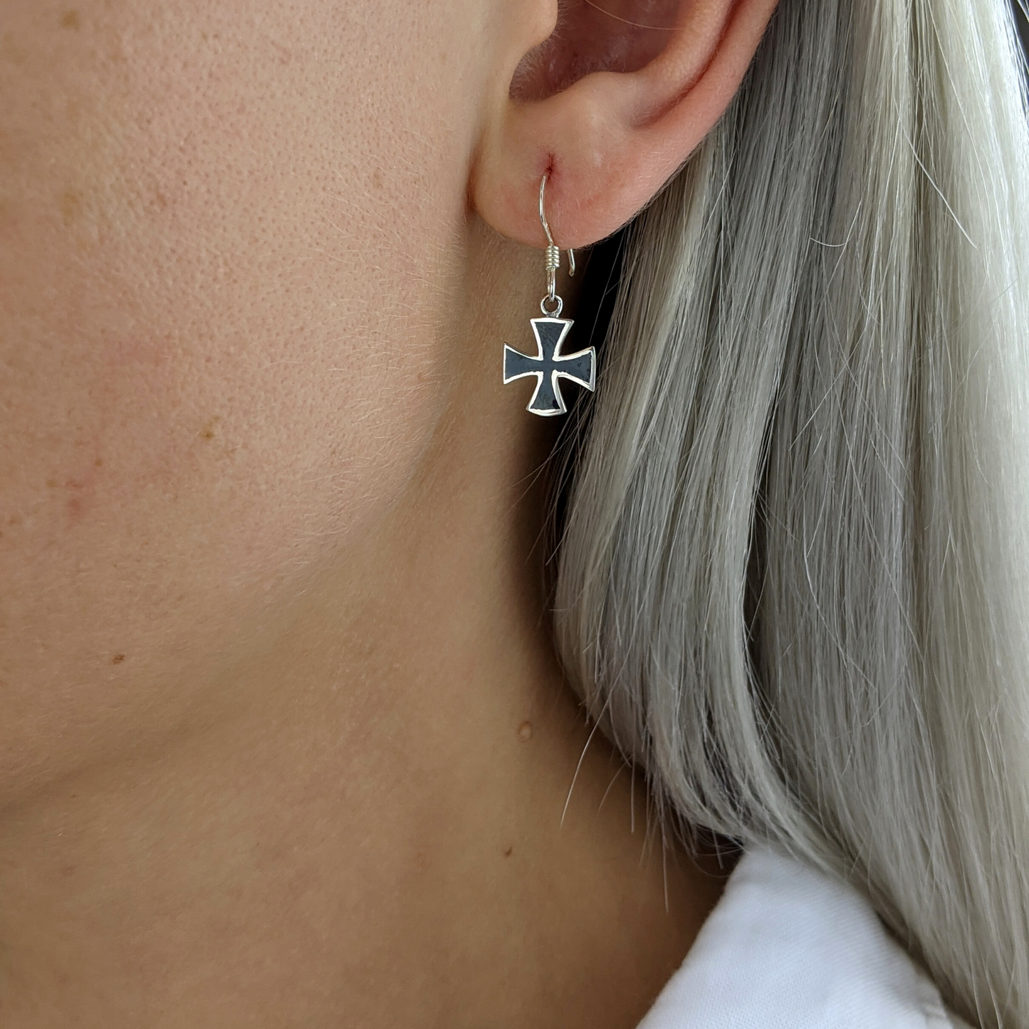 
                  
                    Sterling Silver Small Maltese Cross Black Inlay Drop Earrings
                  
                