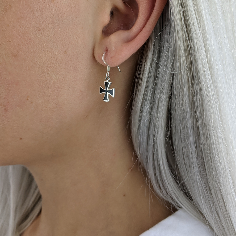 
                  
                    Sterling Silver Small Maltese Cross Black Inlay Drop Earrings
                  
                