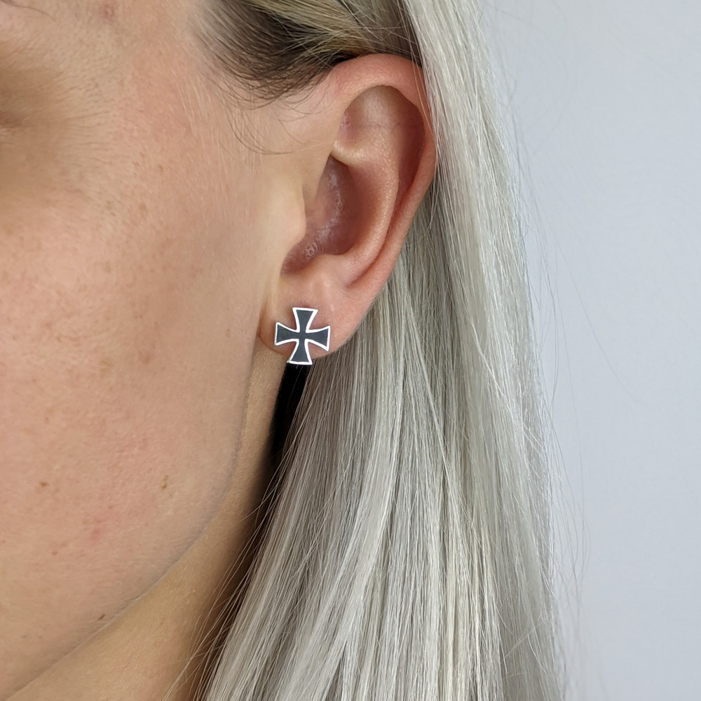 
                  
                    Sterling Silver Small Maltese Cross Black Inlay Stud Earrings
                  
                