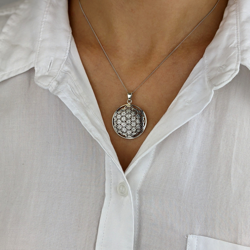 
                  
                    Sterling Silver Round Disc Shaped Flower Of Life Pendant Necklace
                  
                