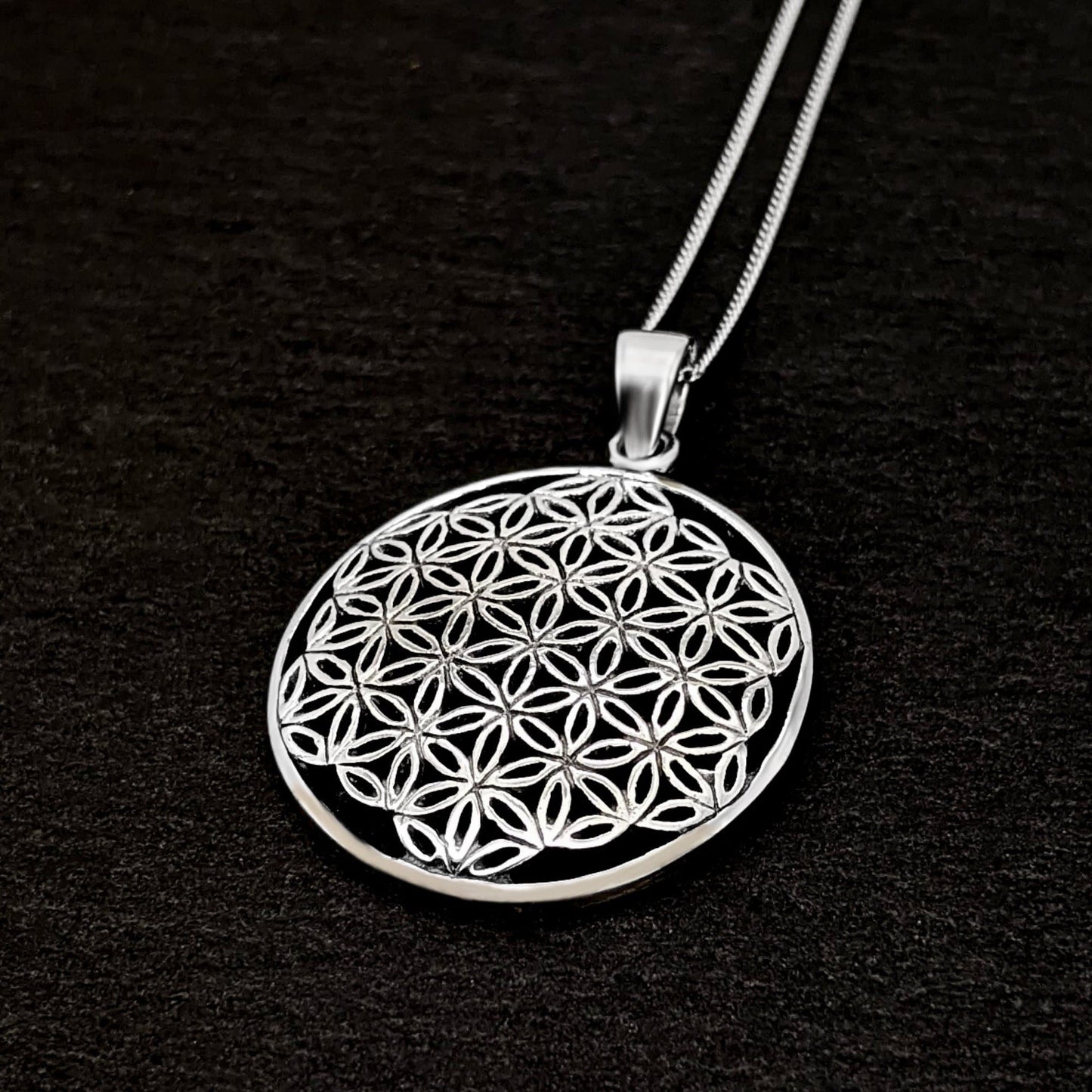 
                  
                    Sterling Silver Round Disc Shaped Flower Of Life Pendant Necklace
                  
                