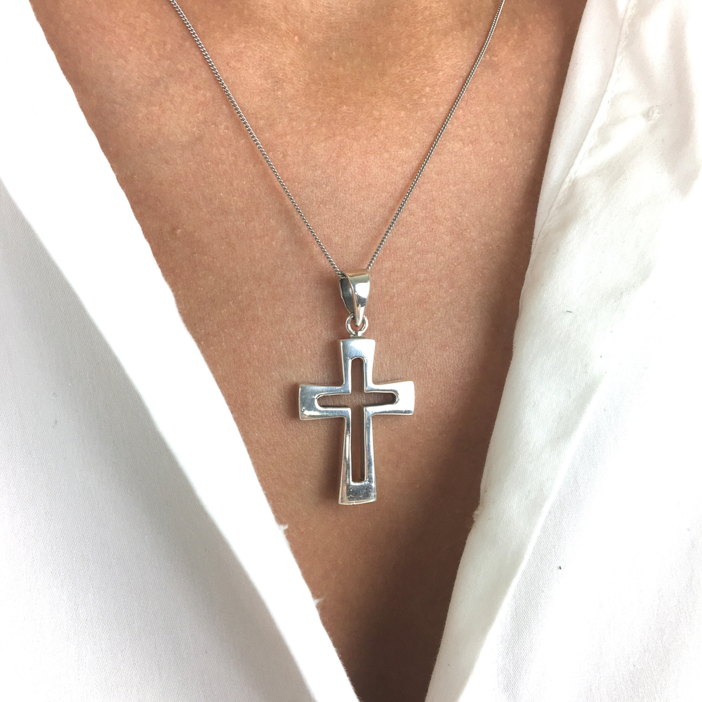 Rogue 26'' Silver Dog Tag Necklace with Cut-out Cross with a Damascus-inspired  Pattern - Triton Jewelry