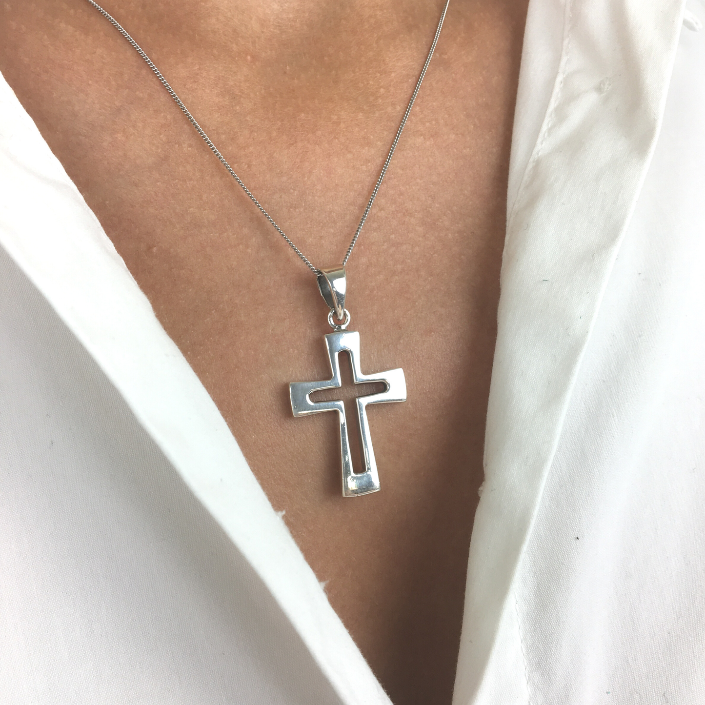 
                  
                    Sterling Silver Large Chunky Cut-Out Cross Crucifix Pendant Necklace
                  
                