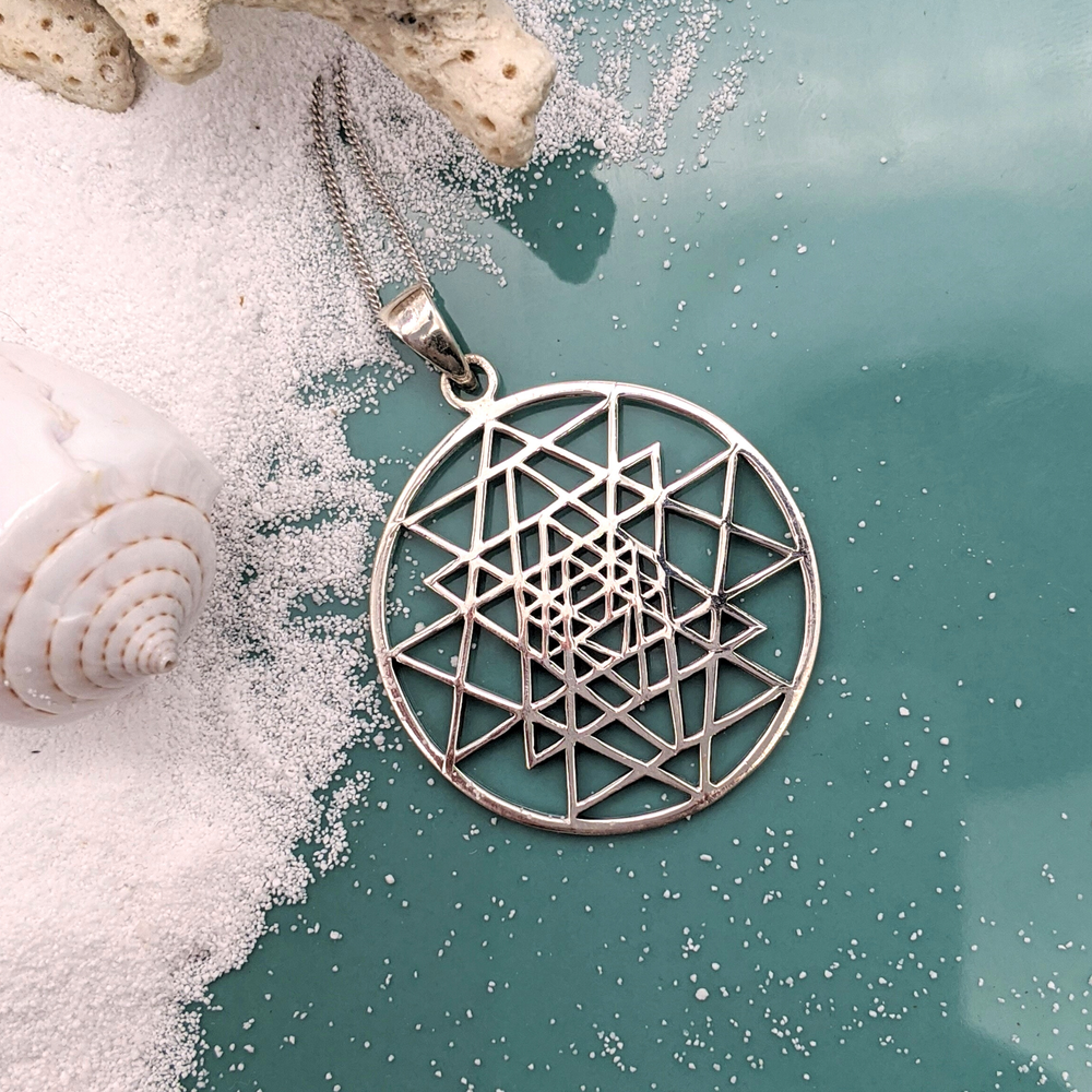 
                  
                    Sterling Silver Large Round Cut-Out Sri Yantra Symbol Pendant Necklace
                  
                