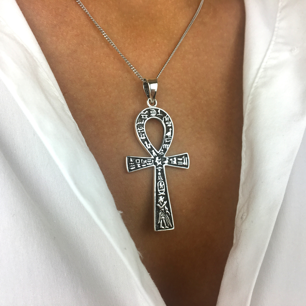 Sterling Silver Large Egyptian Ankh Hieroglyphic Pendant Necklace