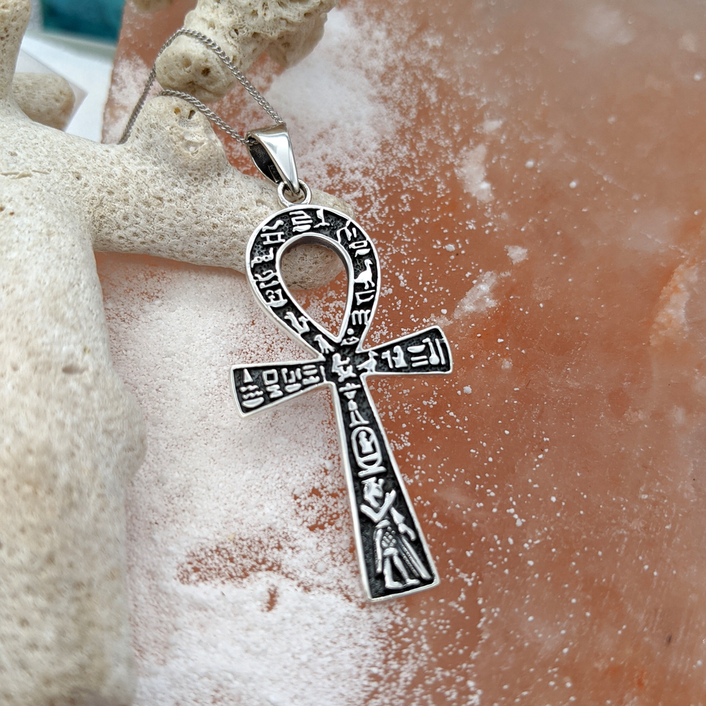 
                  
                    Sterling Silver Large Egyptian Ankh Hieroglyphic Pendant Necklace
                  
                