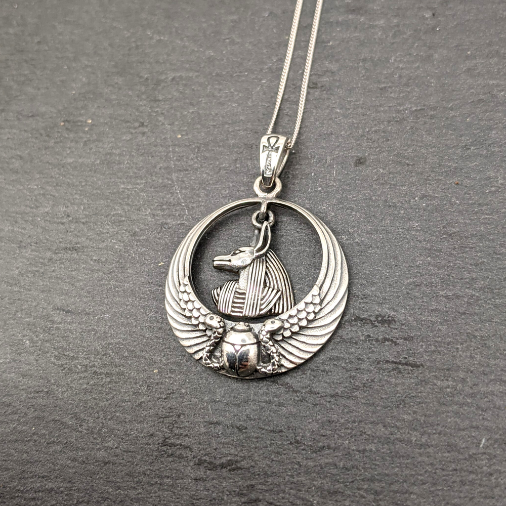 Sterling Silver Large Winged Scarab Beetle Anubis Pendant