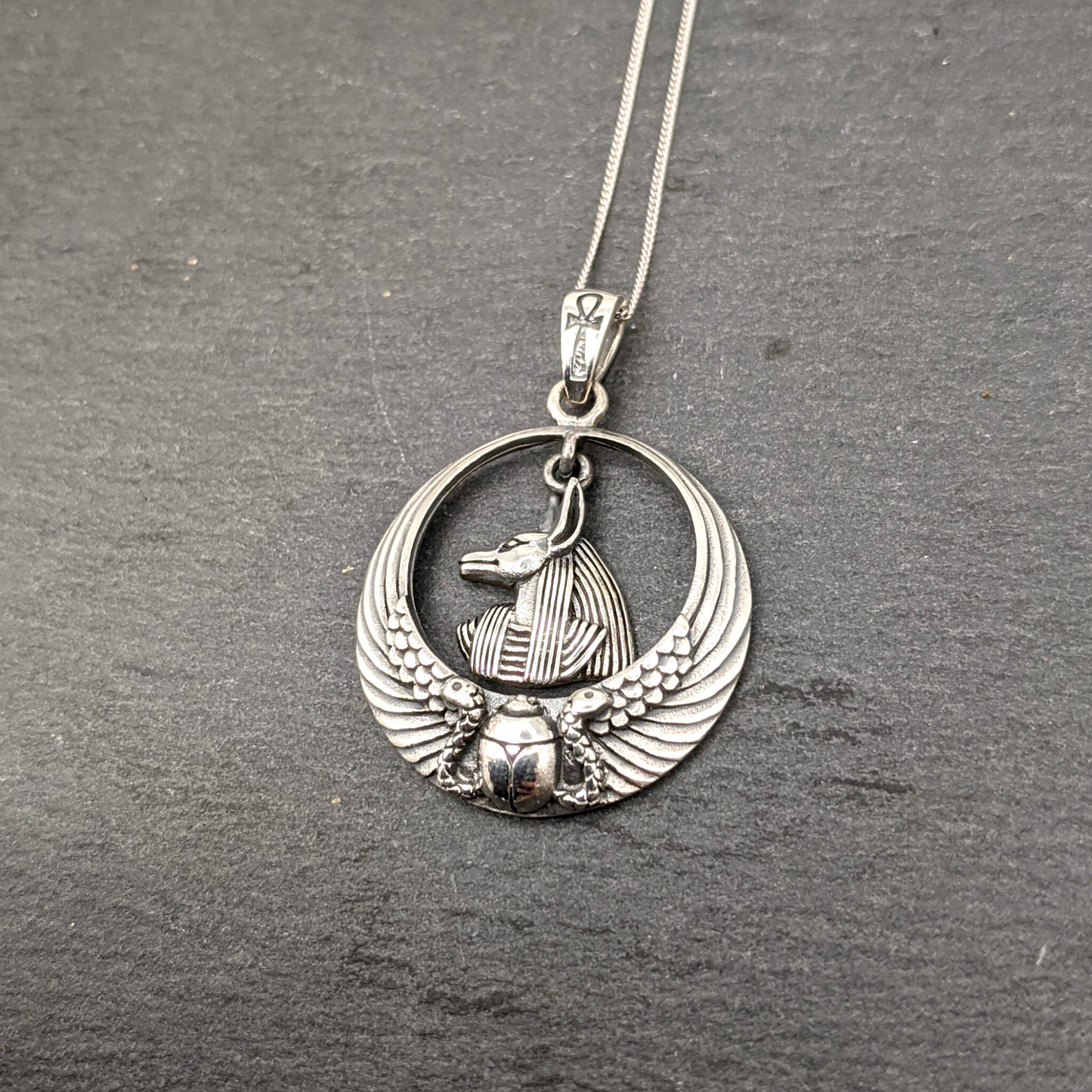 
                  
                    Sterling Silver Large Winged Scarab Beetle & Anubis Pendant Necklace
                  
                