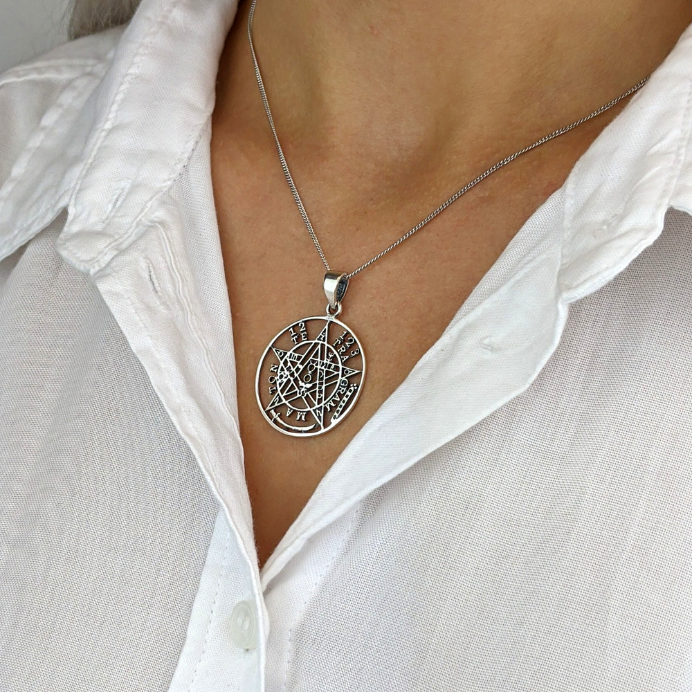 Sterling Silver Round Disc Tetragrammaton Pentagram Pendant