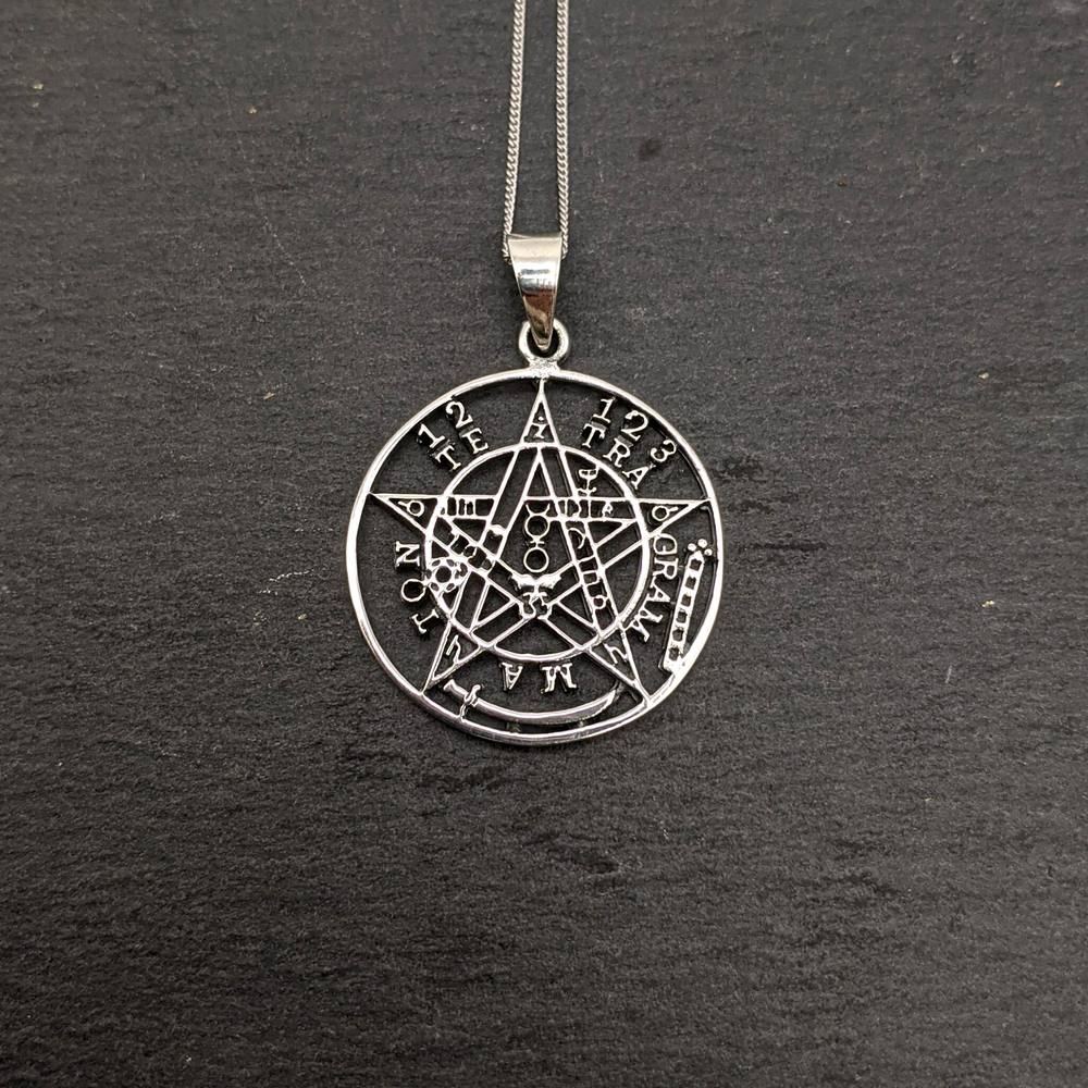 
                  
                    Sterling Silver Round Disc Tetragrammaton Pentagram Pendant Necklace
                  
                