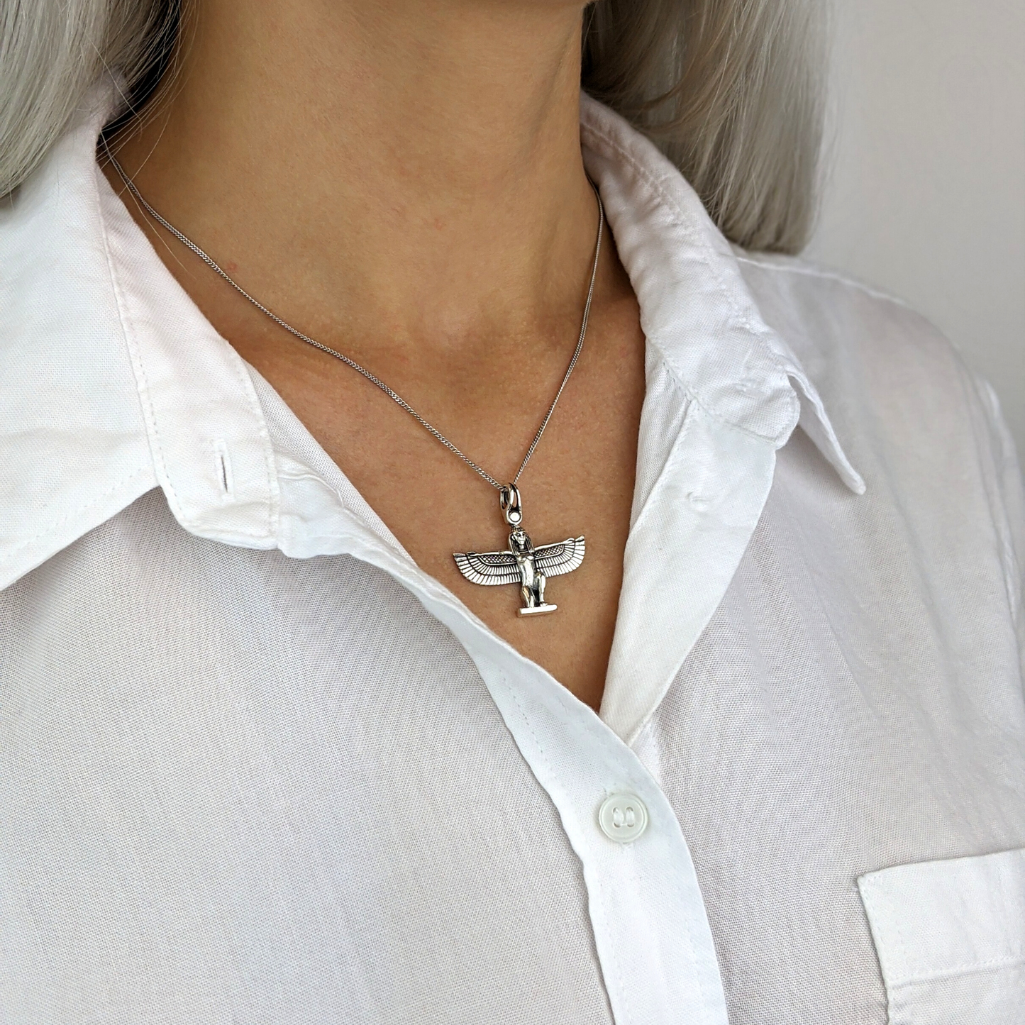 
                  
                    Sterling Silver Large Chunky Winged Isis Goddess Pendant Necklace
                  
                