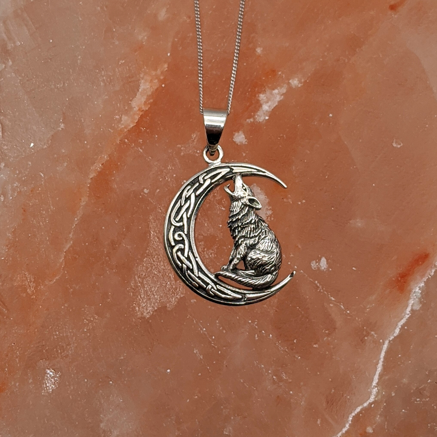
                  
                    Sterling Silver Large Wiccan Howling Wolf Celtic Moon Pendant Necklace
                  
                