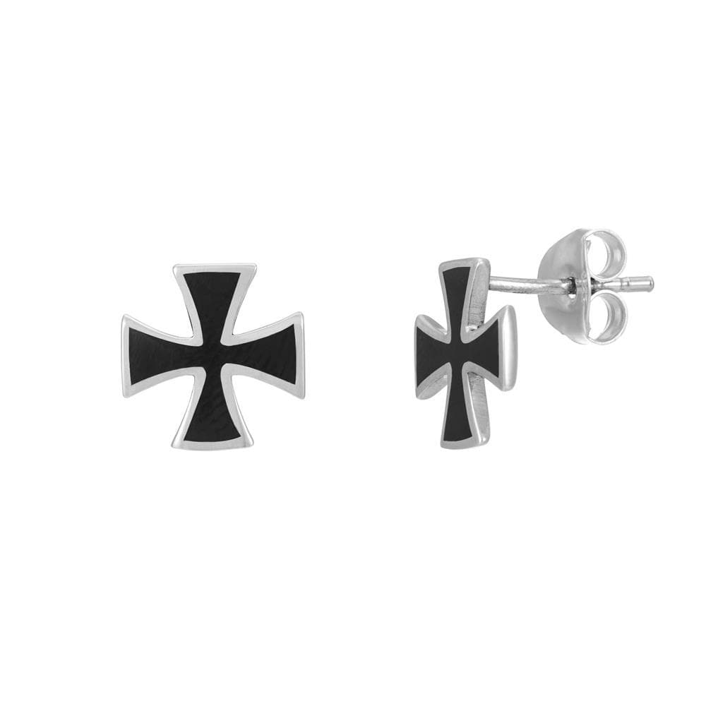Sterling Silver Small Maltese Cross Black Inlay Stud Earrings