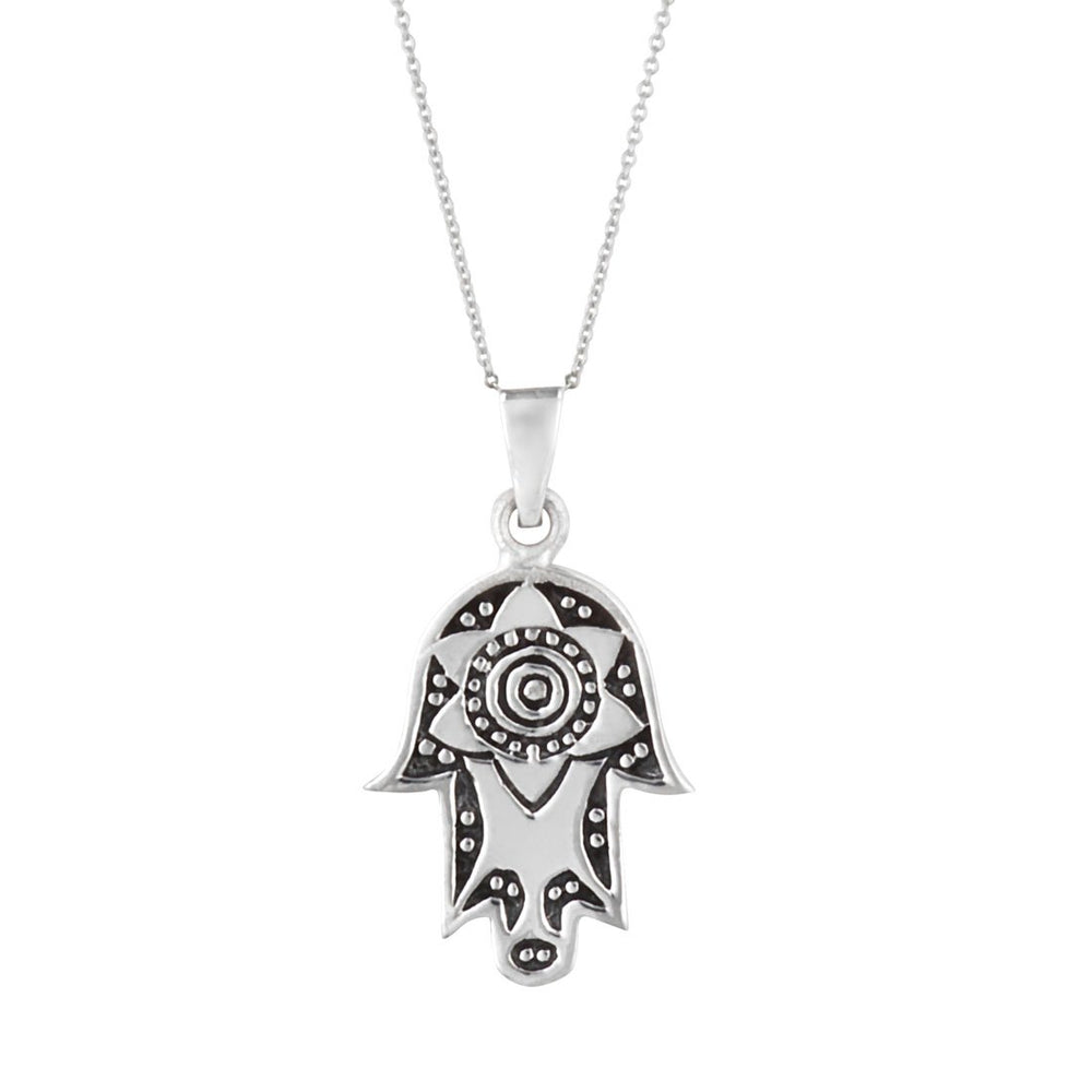 Sterling Silver Fatima Hamsa Hand Lotus Pendant Wiccan Necklace