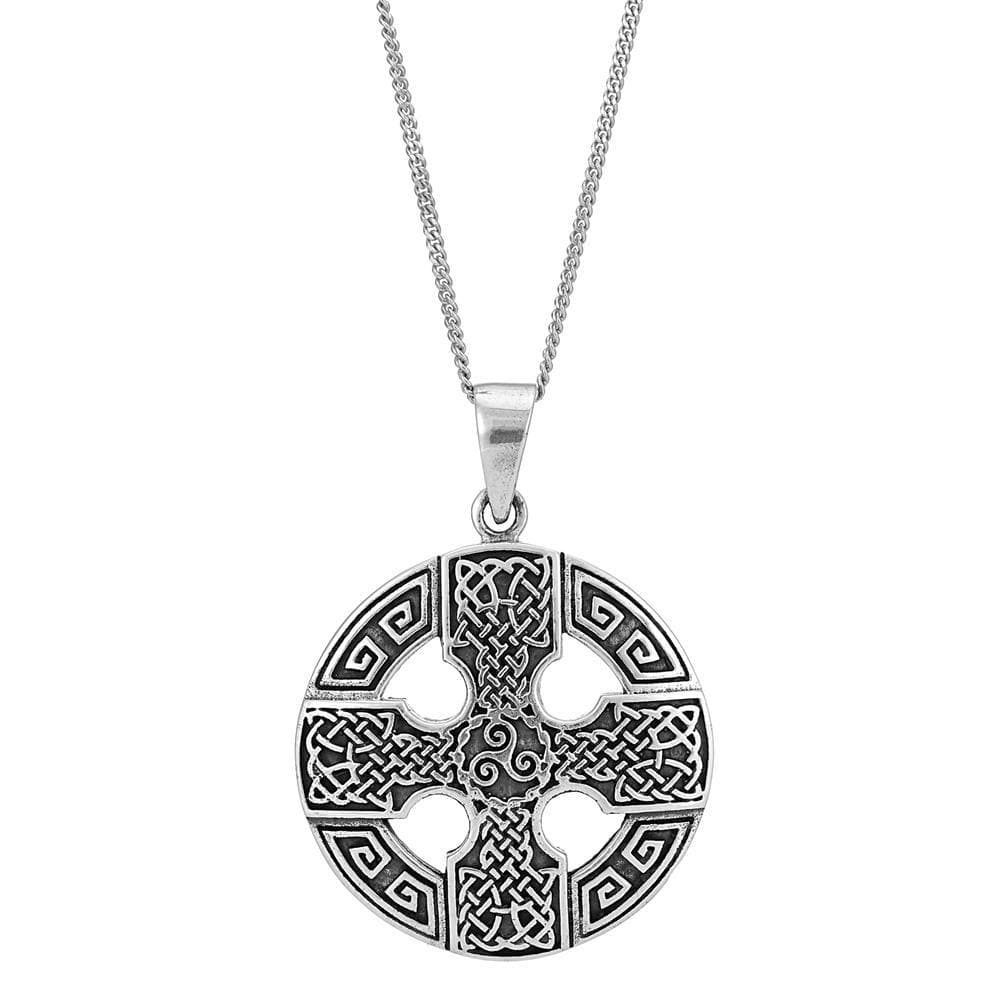 
                  
                    Sterling Silver Large Round Celtic Cross & Triskele Pendant Necklace
                  
                