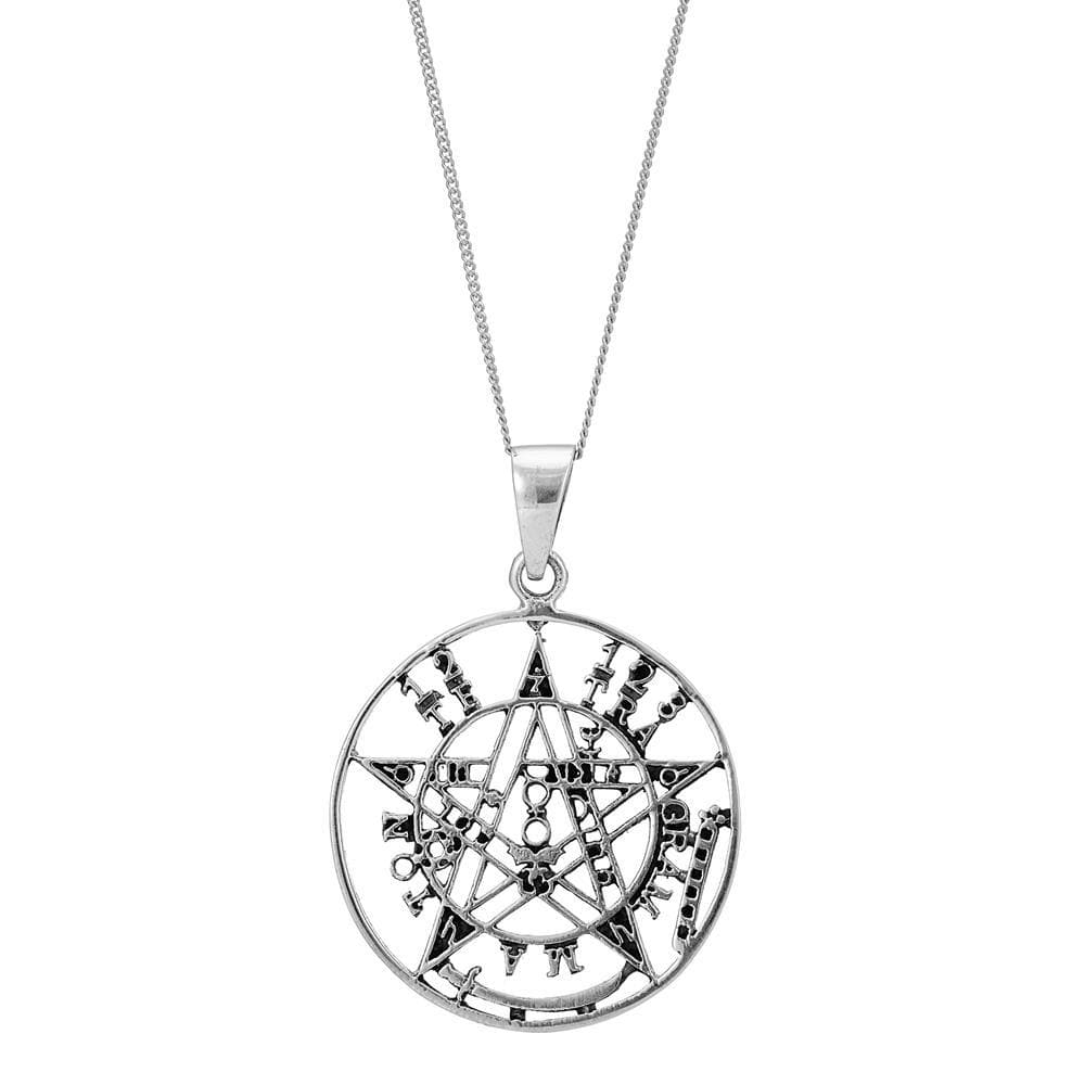 
                  
                    Sterling Silver Round Disc Tetragrammaton Pentagram Pendant Necklace
                  
                