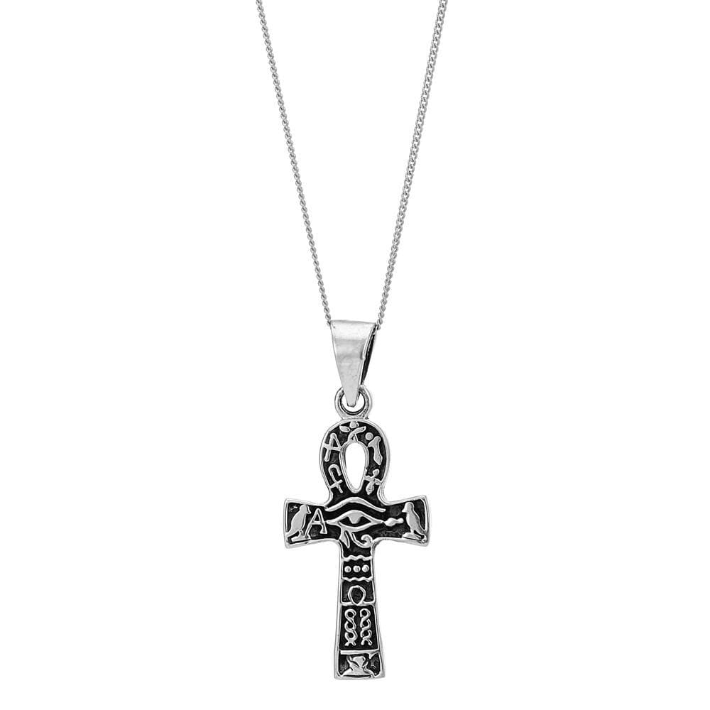 Sterling Silver Oxidised Small Egyptian Ankh & Eye of Horus Necklace