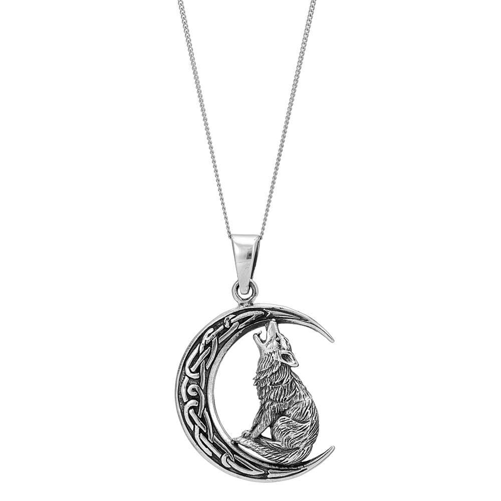 Sterling Silver Large Wiccan Howling Wolf Celtic Moon Pendant Necklace