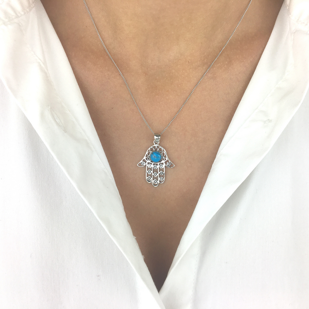 Sterling Silver Turquoise Hamsa Hand Evil Eye Pendant Necklace
