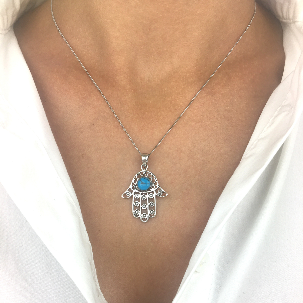 Sterling Silver Turquoise Hamsa Hand Evil Eye Pendant Necklace