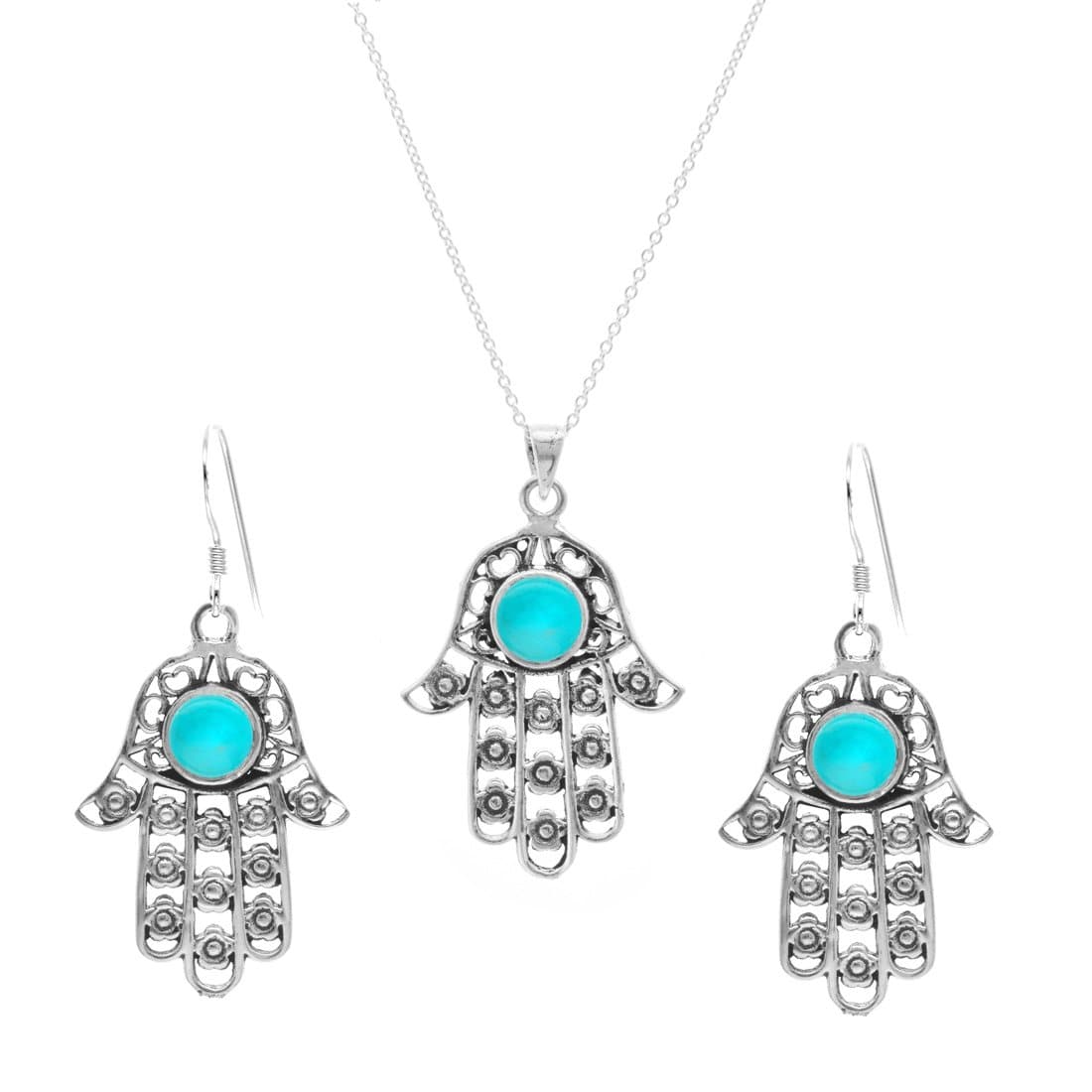 
                  
                    Sterling Silver Turquoise Hamsa Hand Evil Eye Kabbalah Jewellery Set
                  
                