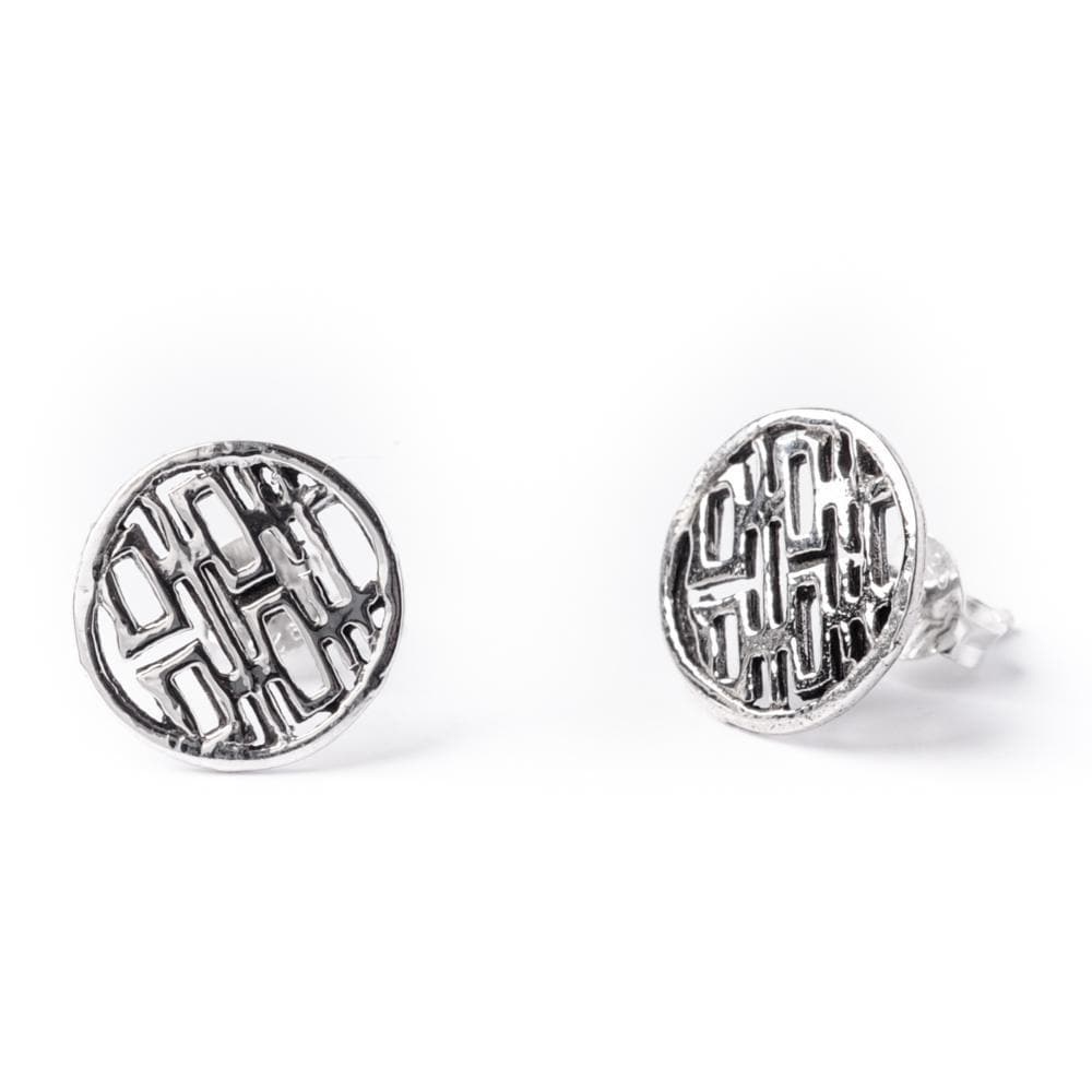 Sterling Silver Double Happiness Feng Shui Chinese Stud Earrings - 81stgeneration