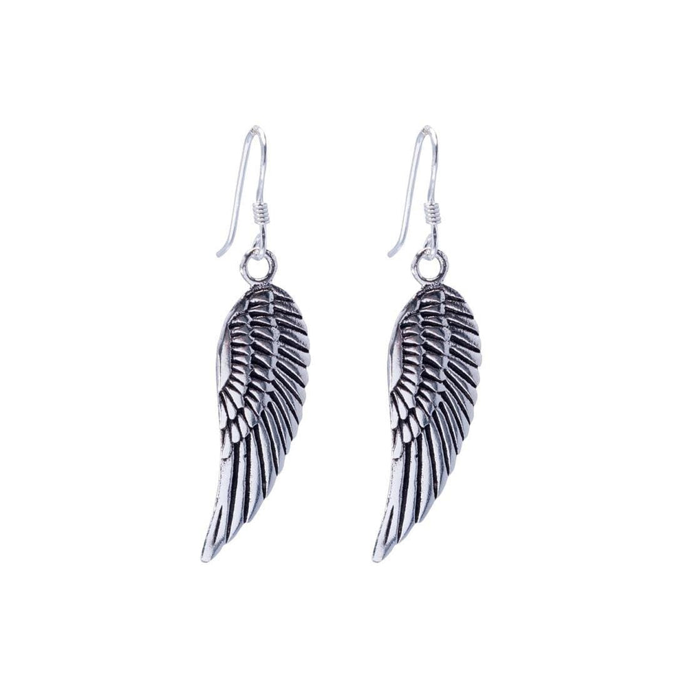 Sterling Silver Long Detailed Angel Wing Feather Earrings With Hooks