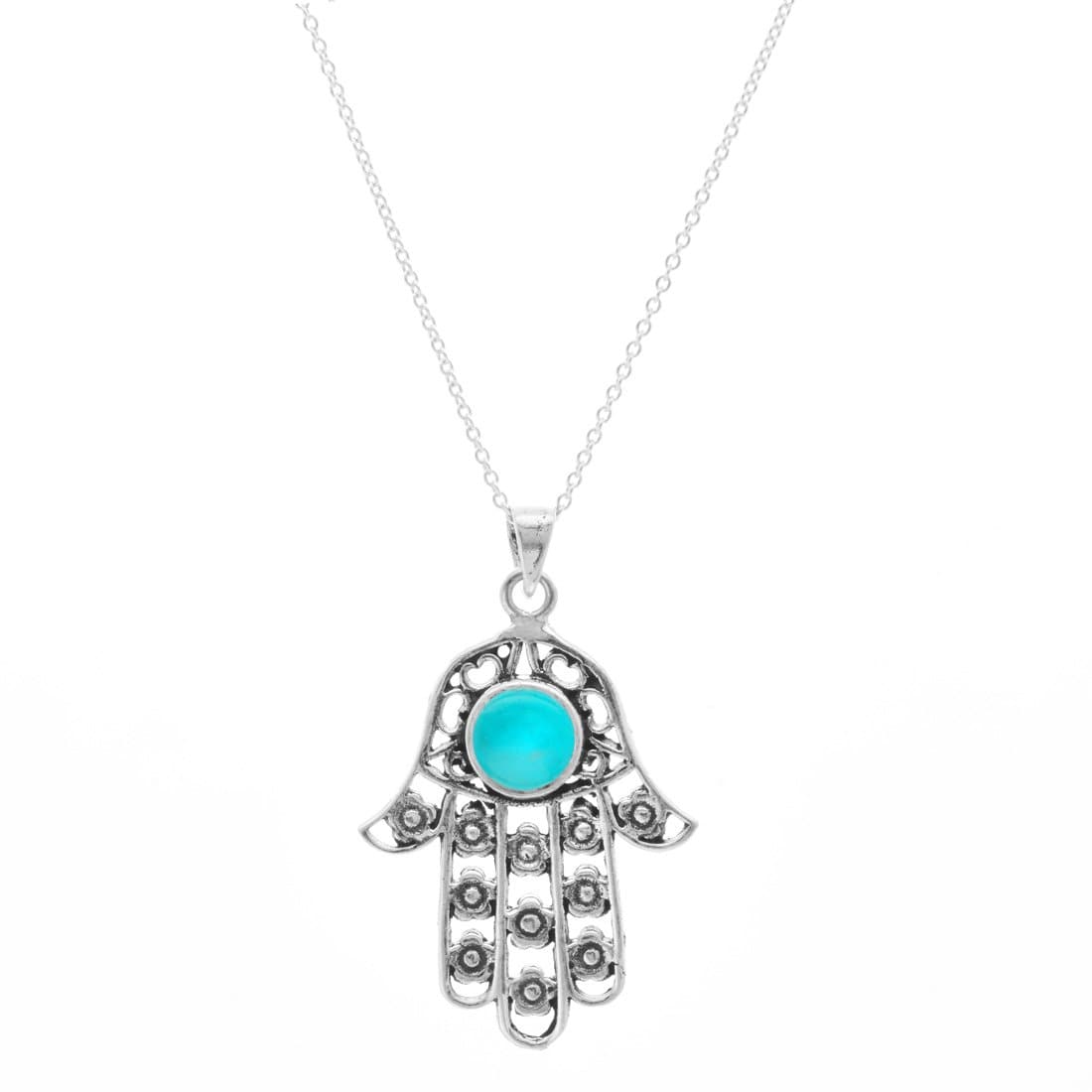 
                  
                    Sterling Silver Turquoise Hamsa Hand Evil Eye Pendant Necklace
                  
                