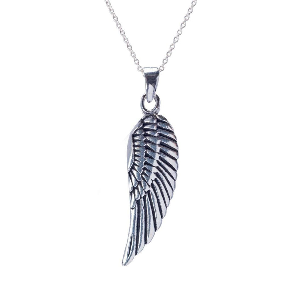 Sterling Silver Long Detailed Angel Wing Feather Pendant Necklace
