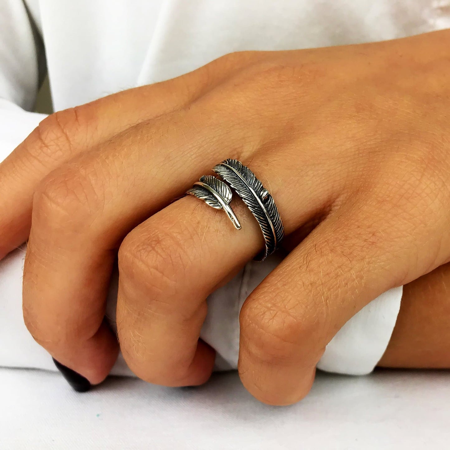 
                  
                    Sterling Silver Leaf Feather Adjustable Wrap Stackable Band Ring
                  
                