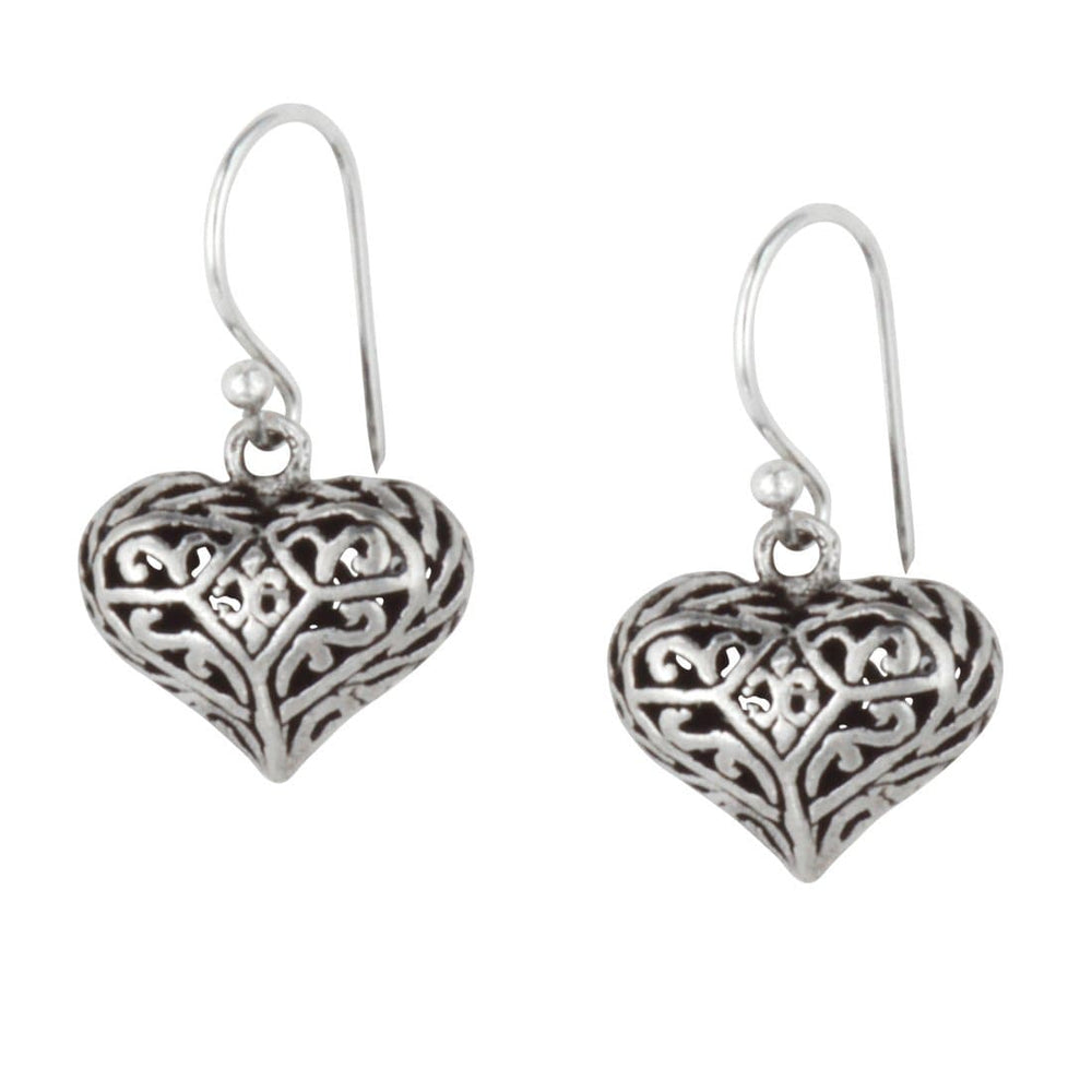 
                  
                    Sterling Silver Filigree Hollow Puffed Heart Dangle Earrings
                  
                