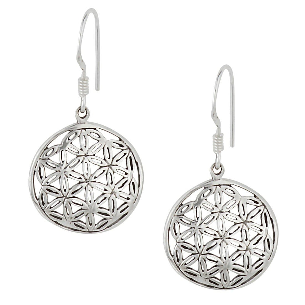 Sterling Silver Round Disc Flower Of Life Mandala Dangle Earrings