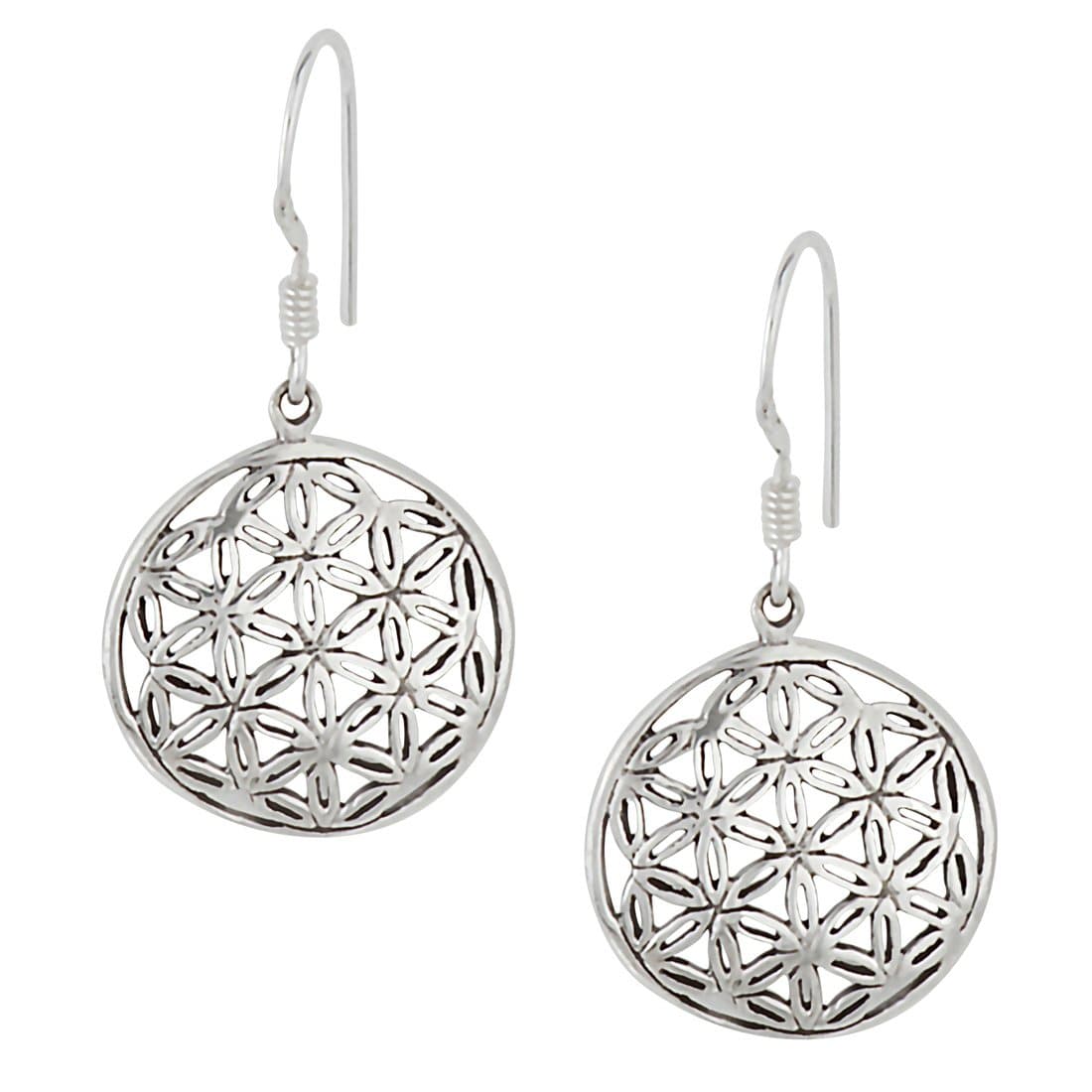 
                  
                    Sterling Silver Round Disc Flower Of Life Mandala Dangle Earrings
                  
                