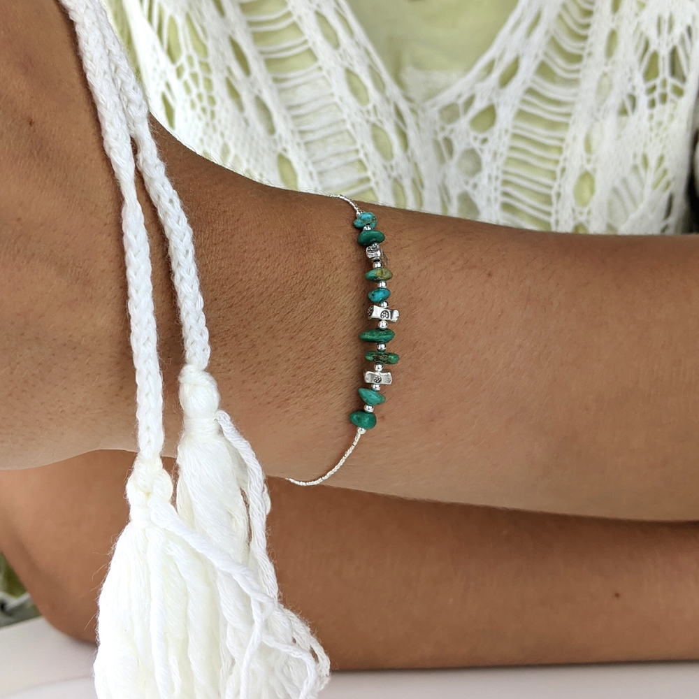 Sterling Silver Blue Turquoise Bead Gemstone Beaded Bracelet