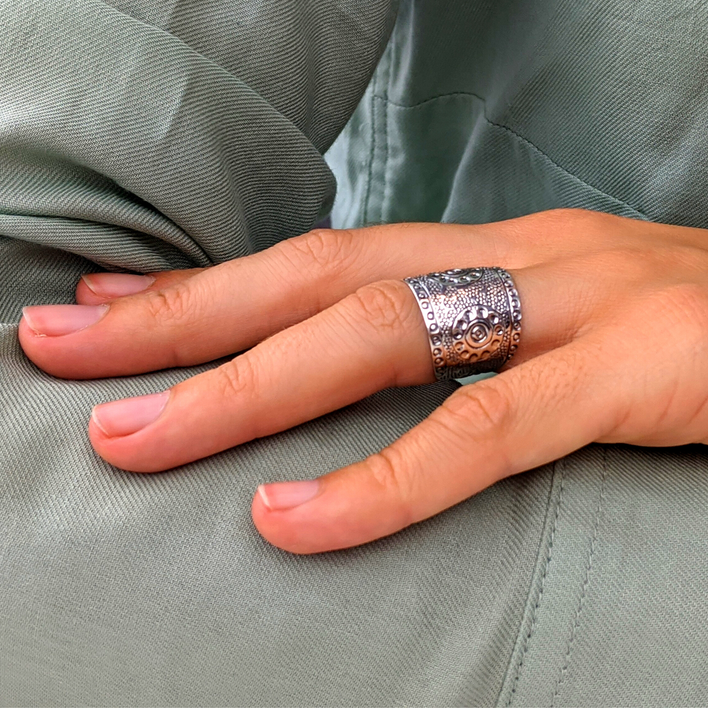 Sterling Silver Wide Band Tribal Motif Circle Pattern Adjustable Ring