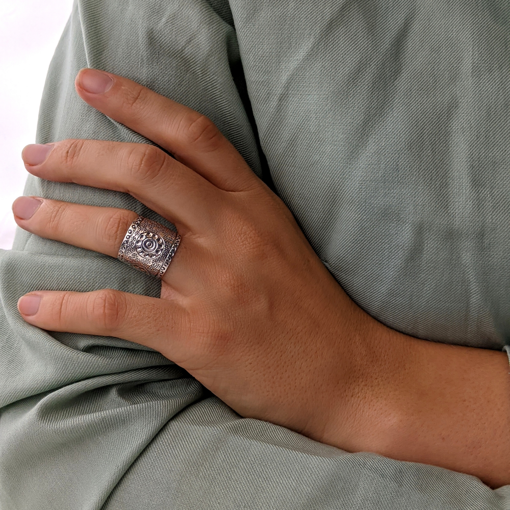 Sterling Silver Wide Band Tribal Motif Circle Pattern Adjustable Ring