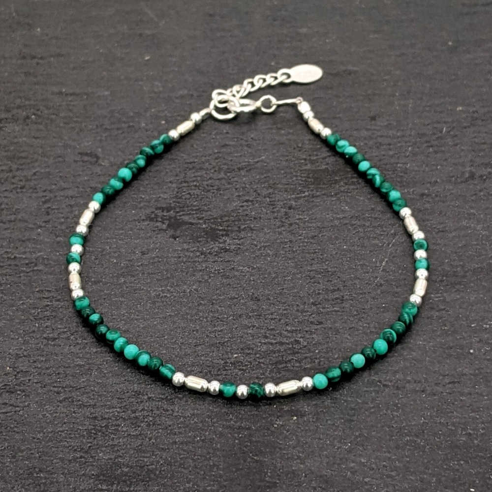 Sterling Silver Malachite Green Gemstone Boho Beaded Bracelet