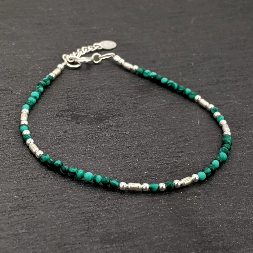 Sterling Silver Malachite Green Gemstone Boho Beaded Bracelet