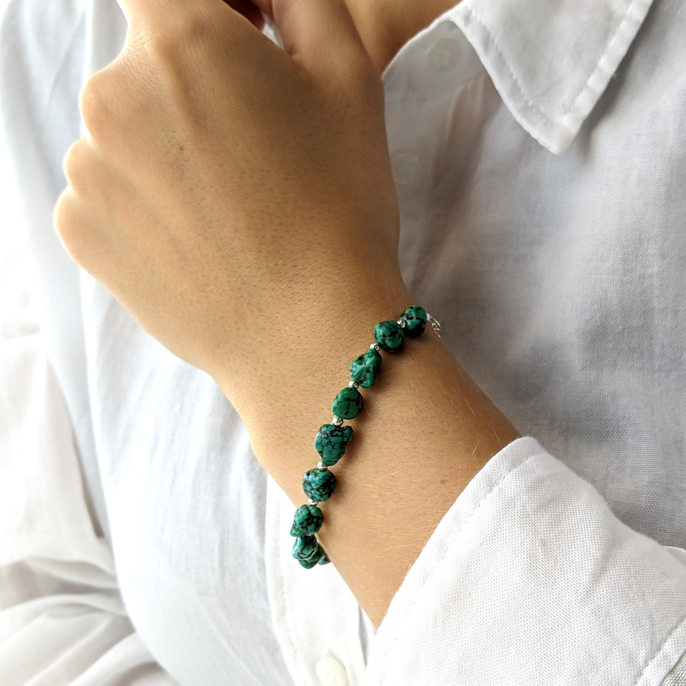 Sterling Silver Raw Turquoise Gemstone Bead Beaded Bracelet