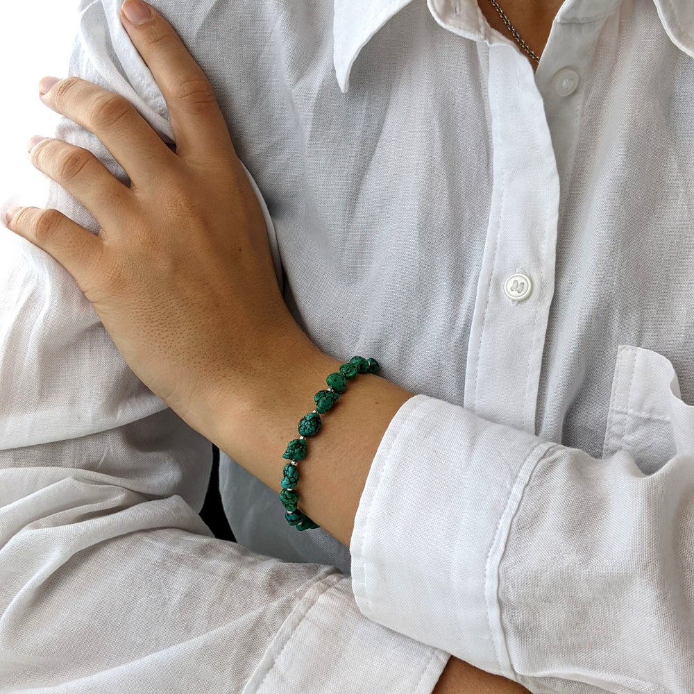 Sterling Silver Raw Turquoise Gemstone Bead Beaded Bracelet
