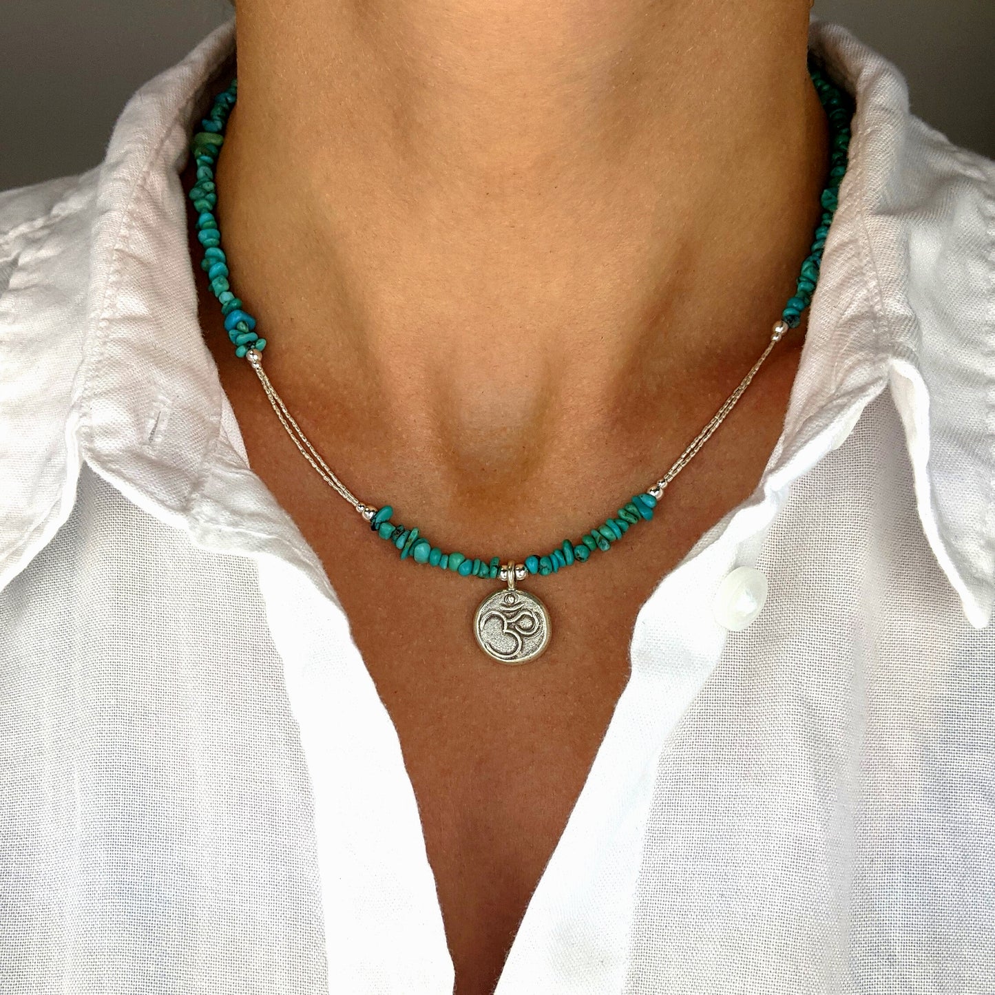 
                  
                    Sterling SIlver Turquoise Ohm Ahm Bead Pendant Beaded Strand Necklace
                  
                