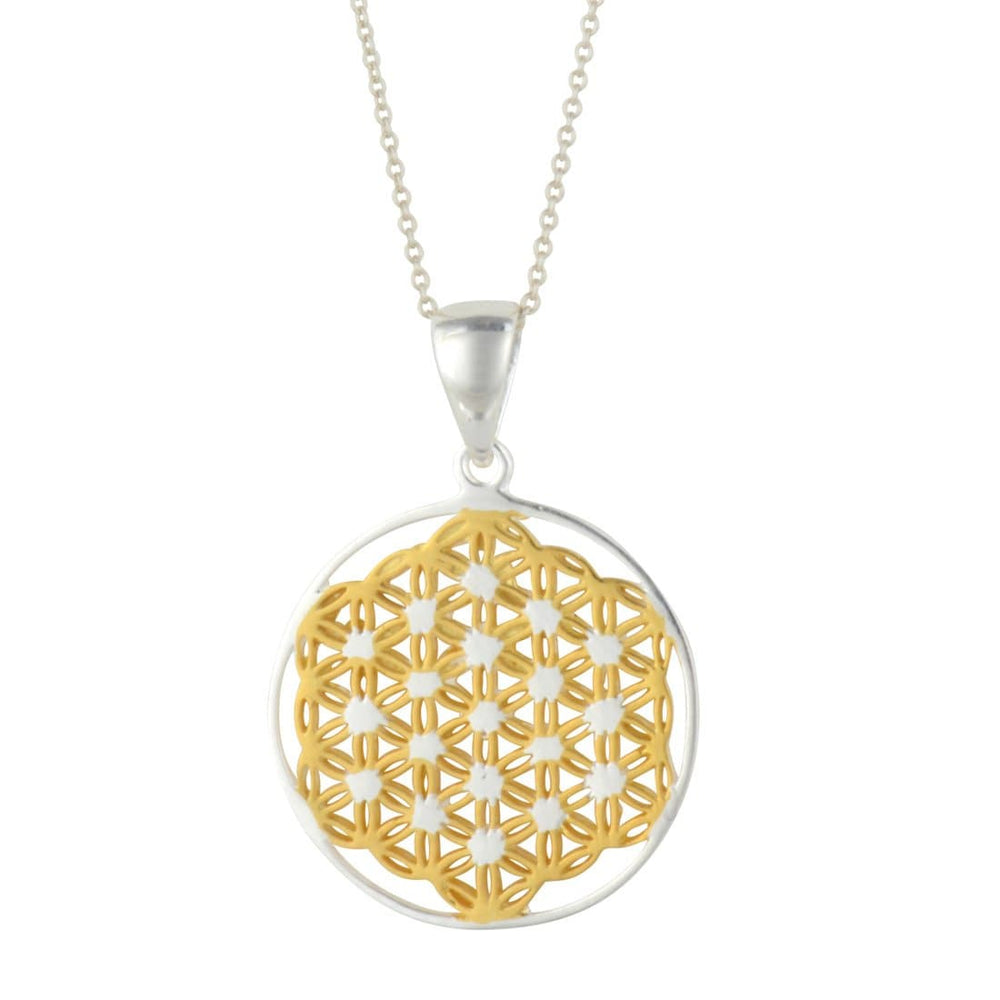 Gold Plated Sterling Silver Round Flower of Life Pendant Necklace