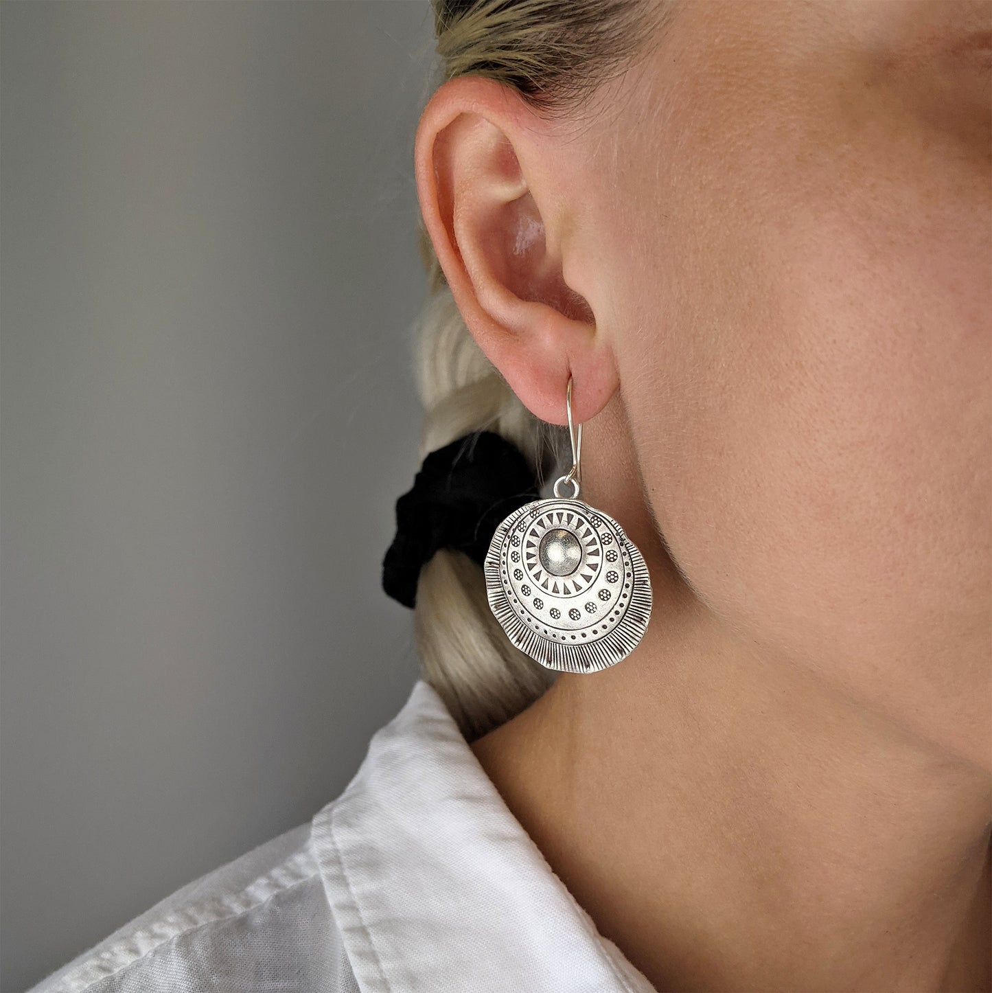 
                  
                    Pure Silver Hill Tribe Statement Round Disc Tribal Motif Earrings
                  
                