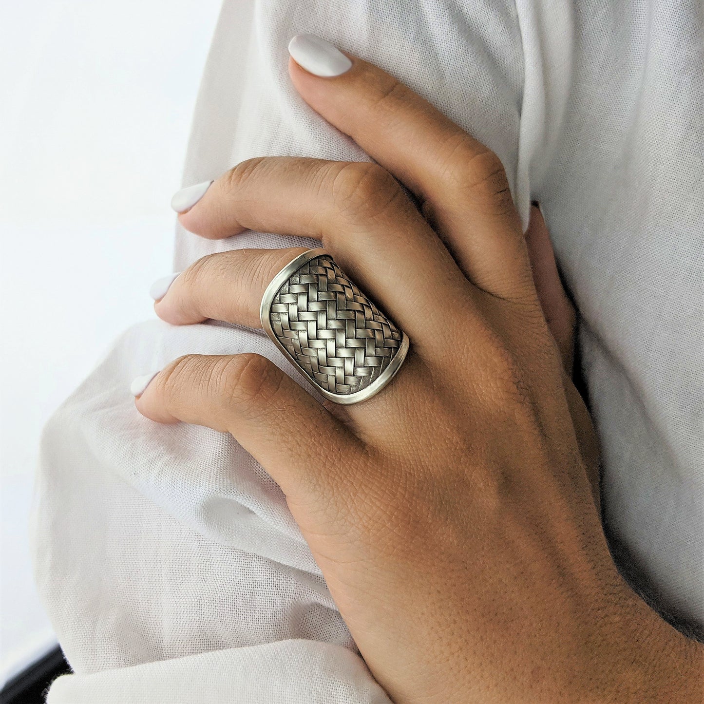 
                  
                    Pure Silver Hill Tribe Wide Statement Braided Woven Half-Finger Ring
                  
                