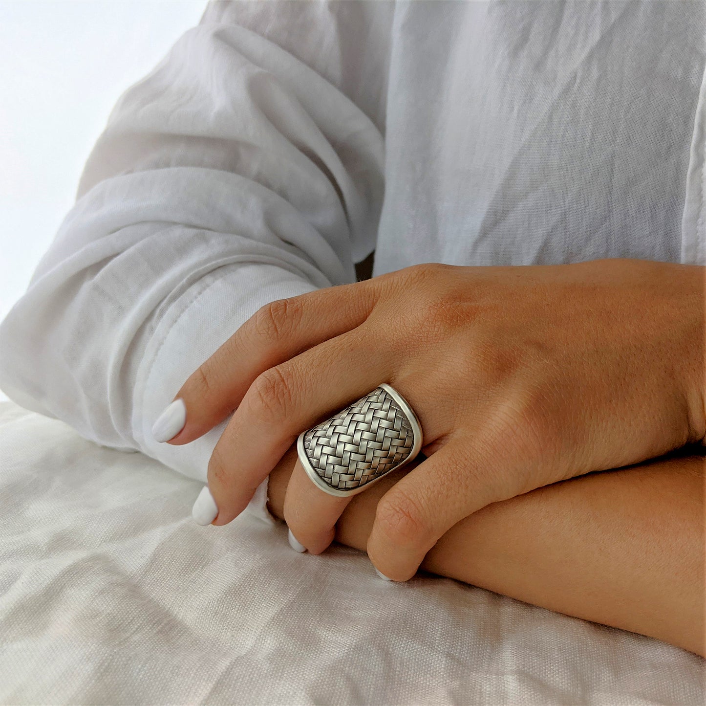 
                  
                    Pure Silver Hill Tribe Wide Statement Braided Woven Half-Finger Ring
                  
                