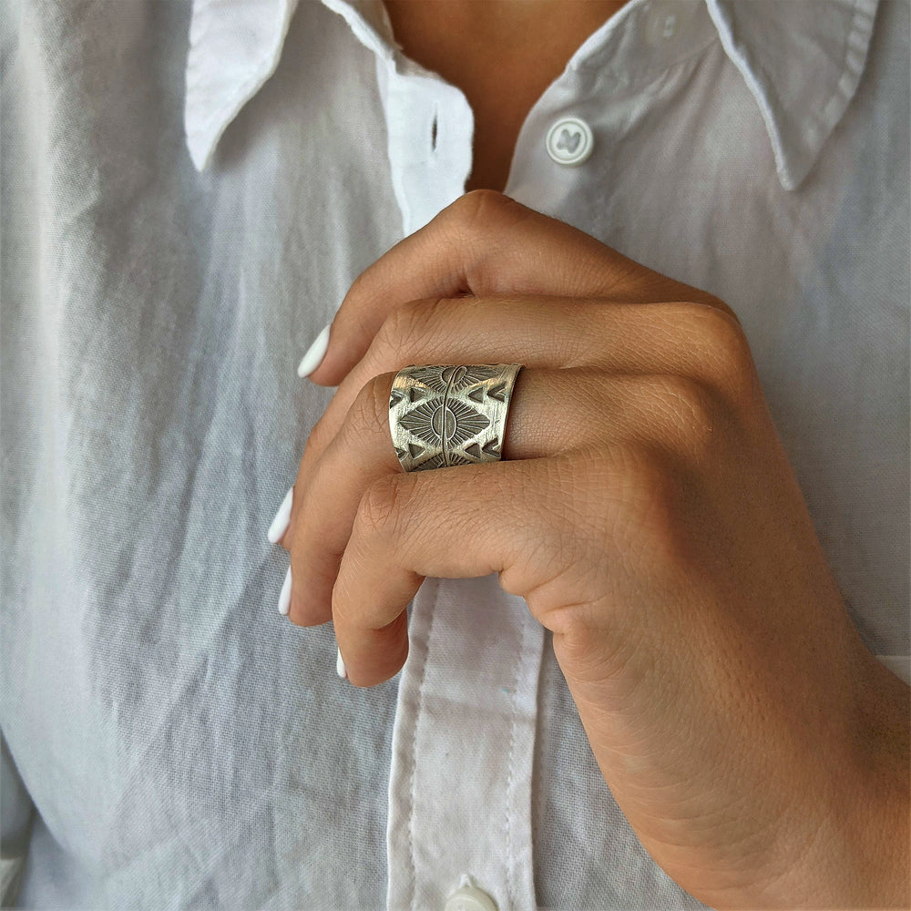 
                  
                    Pure Silver Hill Tribe Tribal Wide Geometric Mountain Adjustable Ring
                  
                