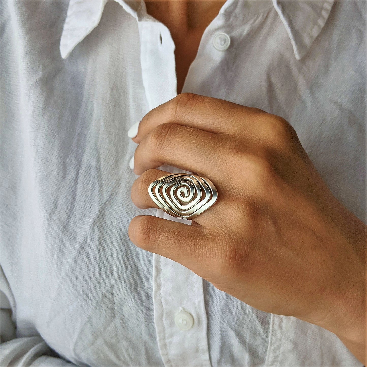 
                  
                    Pure Silver Hill Tribe Wide Statement Diamond Spiral Adjustable Ring
                  
                